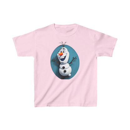 Kids Cute Frozen Olaf T-shirt in soft pink, featuring an enchanting design of Olaf the snowman, crafted from luxurious heavy cotton for ultimate comfort.