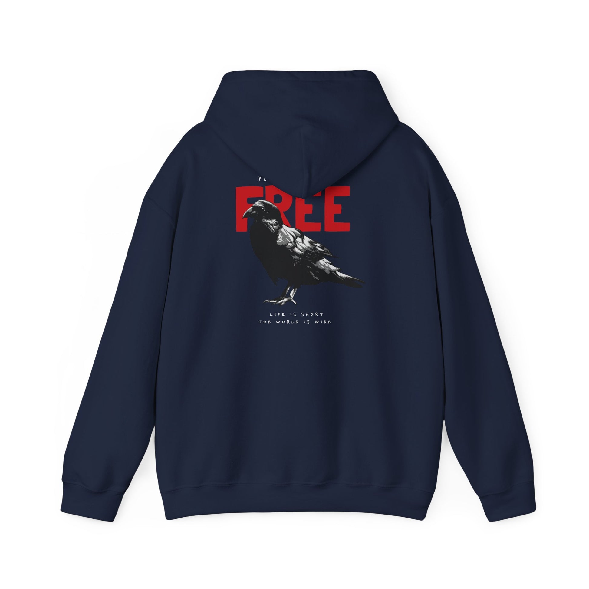 Sophisticated navy hoodie presenting a captivating raven graphic along with bold red statement, epitomising freedom and artistic flair.