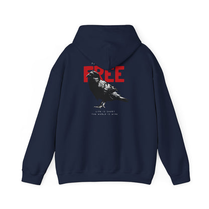 Sophisticated navy hoodie presenting a captivating raven graphic along with bold red statement, epitomising freedom and artistic flair.