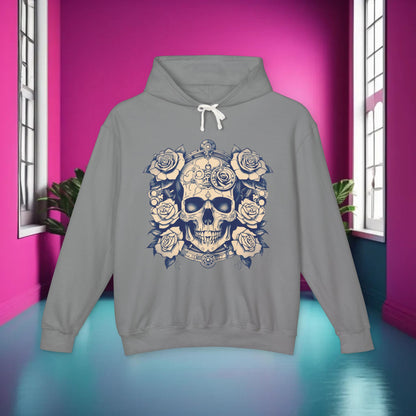 Stylish Steampunk Skull and Roses Lightweight Hoodie showcased in a chic environment, embodying a unique edge in designer sweatshirts.
