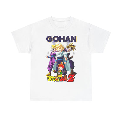 Elegant white T-shirt showcasing an eye-catching illustration of Gohan alongside beloved characters from Dragon Ball Z, complete with striking visuals and premium design.