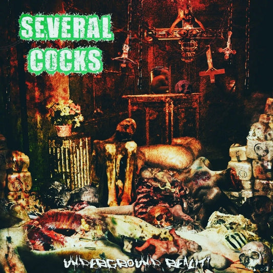 Official CD cover for 'Underground Reality' by Several Cocks, released by Rancid Offal Records, showcasing the unique blend of Goregrind music.