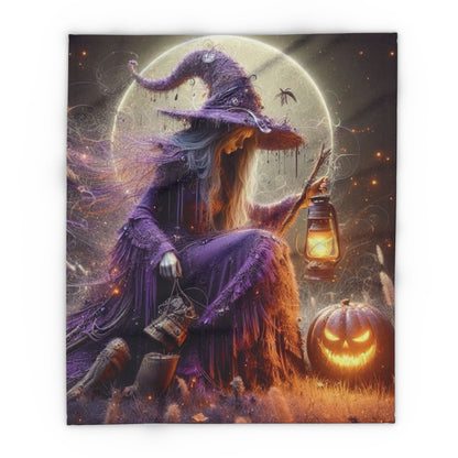 Artistic view of the Decorative and Warm Halloween Spooky Arctic Fleece Blanket showcasing a mystical witch in a flowing purple robe with a glowing lantern, surrounded by seasonal charms ideal for upscale Halloween gatherings.