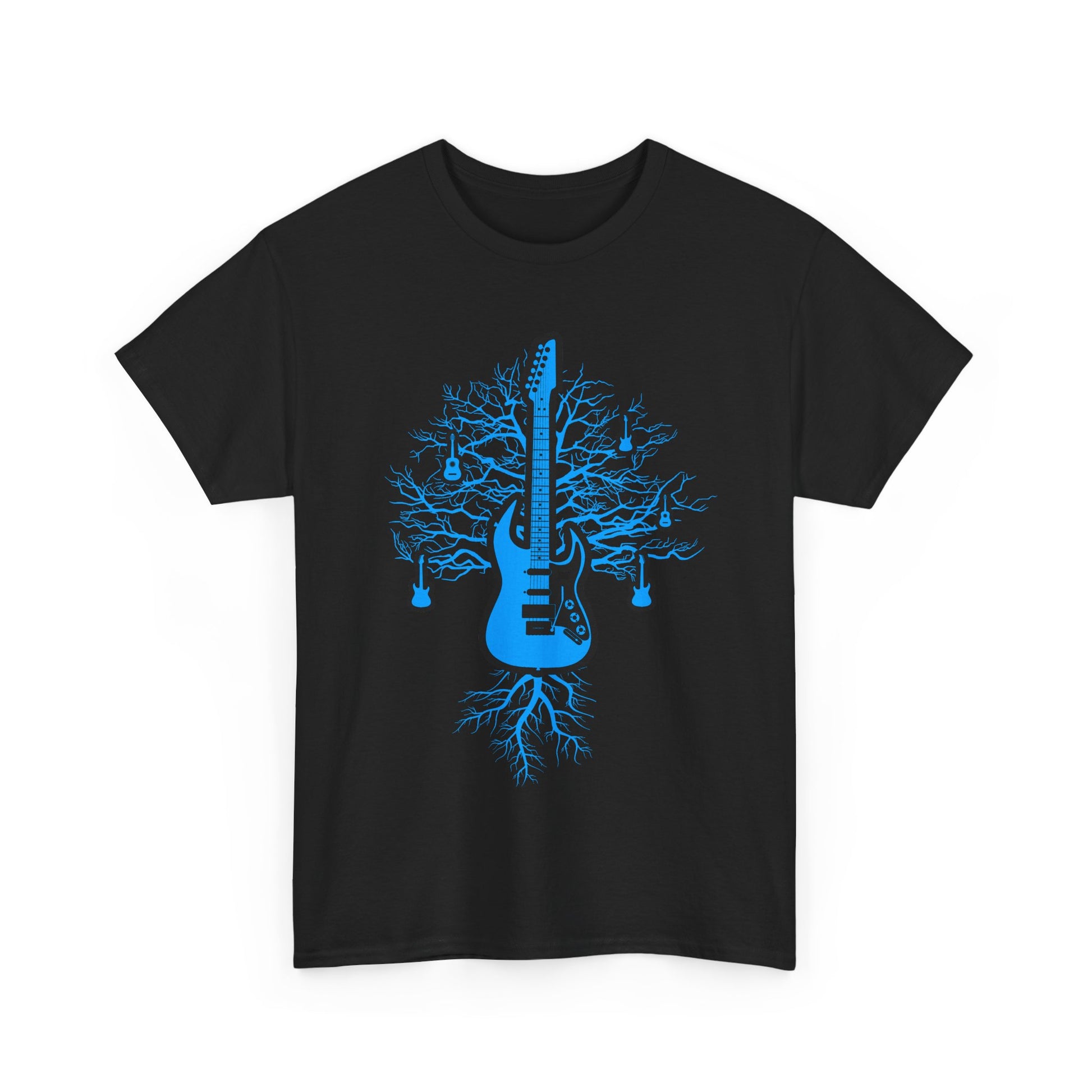 Stylish electric guitar graphic on a black men's t-shirt, featuring intricate tree roots and musical silhouettes, perfect for chic music lovers.