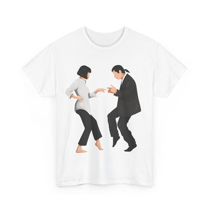 Sophisticated Pulp Fiction Graphic T-Shirt in white, showcasing iconic characters dancing, ideal for stylish casual occasions.
