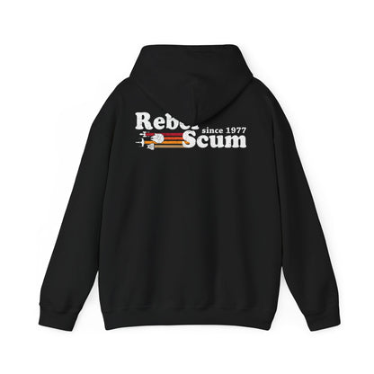 Chic black hoodie with 'Rebel Scum since 1977' design on the back, merging style with a rebellious spirit.