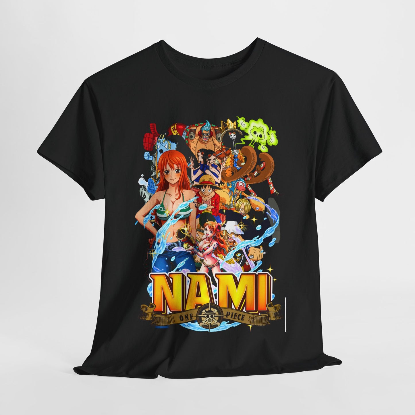 Stylish black men's t-shirt featuring a vibrant Nami graphic from One Piece, showcasing intricate character details, dynamic water effects, and the bold lettering 'NAMI' accompanied by the phrase 'ONE PIECE', perfect for anime enthusiasts seeking a luxurious fashion statement.