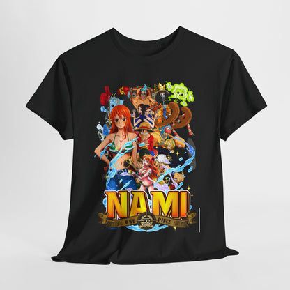 Stylish black men's t-shirt featuring a vibrant Nami graphic from One Piece, showcasing intricate character details, dynamic water effects, and the bold lettering 'NAMI' accompanied by the phrase 'ONE PIECE', perfect for anime enthusiasts seeking a luxurious fashion statement.