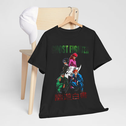 Stylish Ghost Fighter T-shirt draped over a minimalist wooden chair, paired with a cap, illustrating a chic casual outfit inspired by anime culture.