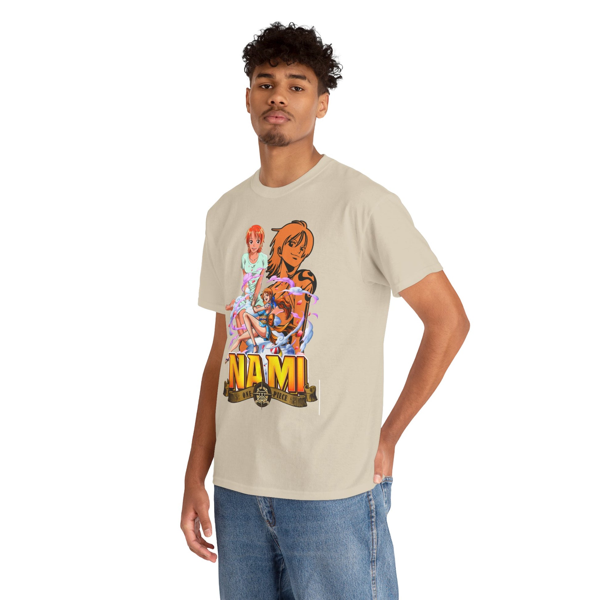 Fashionable man in a luxurious beige t-shirt featuring stunning Nami anime art from One Piece, perfect for a casual yet stylish ensemble.