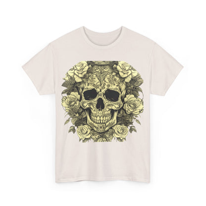 Front view of the Skulls and Roses Cotton Tee, showcasing the vibrant skull and roses graphic, perfect for alternative fashion.