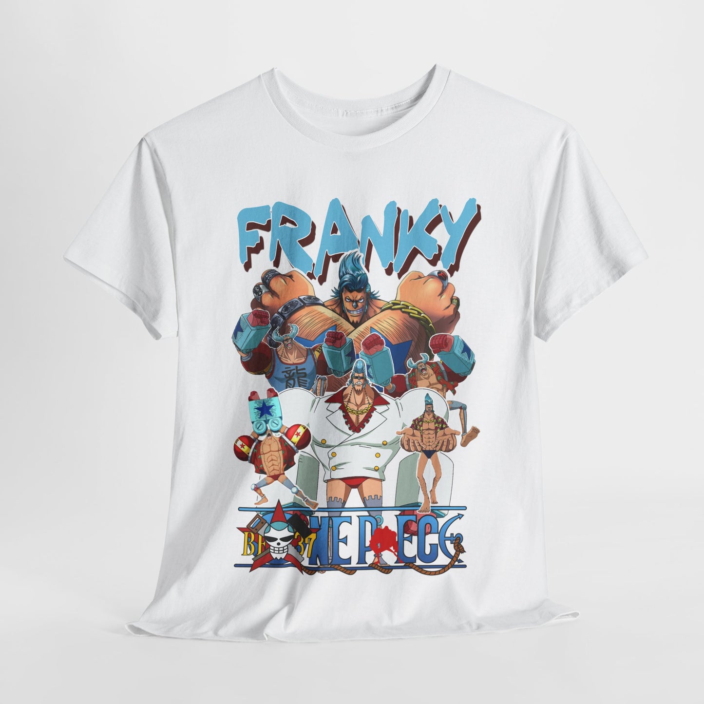 Luxurious white t-shirt featuring vibrant ‘Franky’ graphic from ‘One Piece’, showcasing bold anime characters in dynamic poses, perfect for anime enthusiasts.
