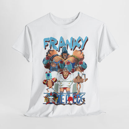 Luxurious white t-shirt featuring vibrant ‘Franky’ graphic from ‘One Piece’, showcasing bold anime characters in dynamic poses, perfect for anime enthusiasts.