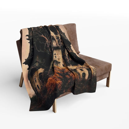 Decorative and Warm Halloween Spooky Arctic Fleece Blanket draped over a comfortable chair, adding a touch of elegance to the Halloween festivities.
