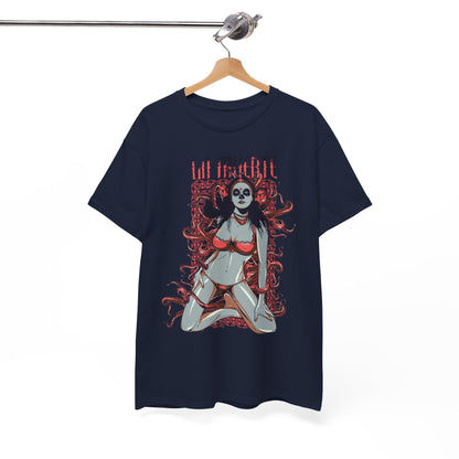 Navy t-shirt designed with a captivating La Muerte graphic, elegantly displayed on a wooden hanger, perfect for chic wardrobe styling.