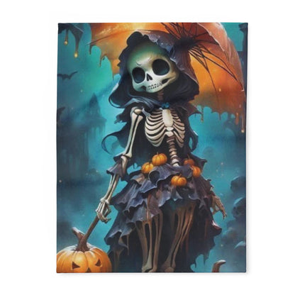 Luxury Decorative and Warm Halloween Spooky Arctic Fleece Blanket featuring an elegant skeleton design with a pumpkin under an umbrella, perfect for adding a touch of seasonal charm to your home decor.