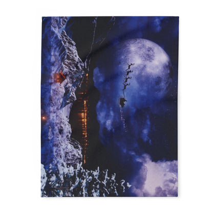 Luxurious Decorative and Warm Christmas Arctic Fleece Blanket with a stunning winter-themed print featuring Santa's sleigh gracefully ascending against a vibrant moonlit sky.