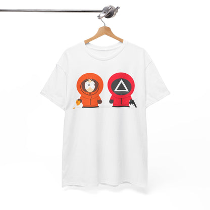 Squid Game South Park Unisex Men’s Women’s Graphic Cotton Funny T-Shirt Tee hanging display, illustrating an eye-catching design that merges dark humour and iconic pop culture.