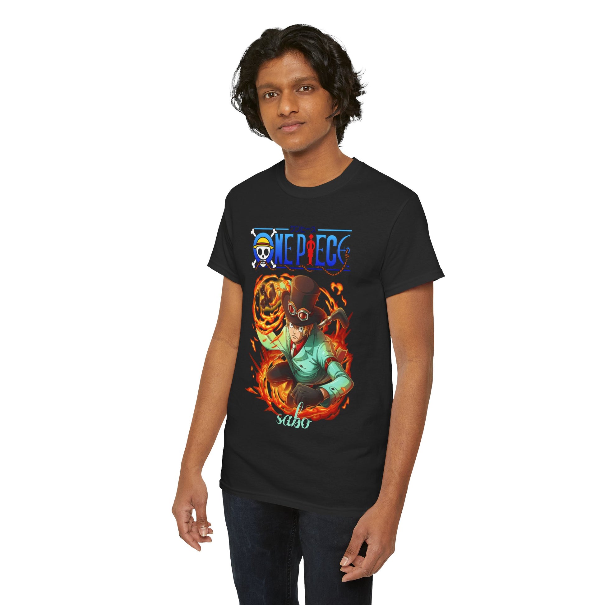 Charming male model posing in an upscale black t-shirt adorned with a vibrant Sabo motif from the beloved anime One Piece, exuding a sense of refined fandom.