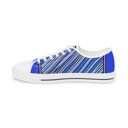 Zara Thunderstrike Men's Low Top Pop Art Sneakers in Royal Blue with Pastel Pink Pinstripes, highlighting the side profile with artistic striped design.