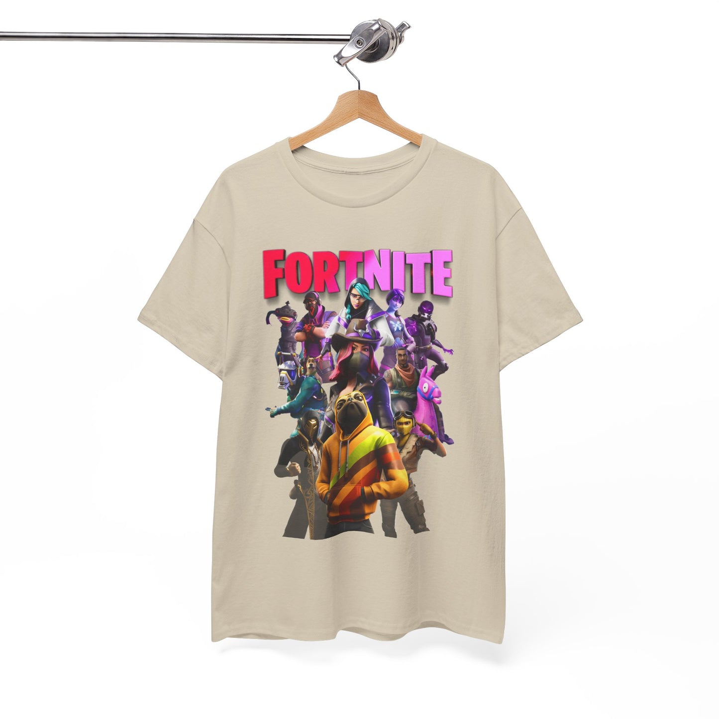 Elegant display of a Fortnite-themed T-Shirt on a hanger, showcasing its eye-catching design and premium quality fabric.