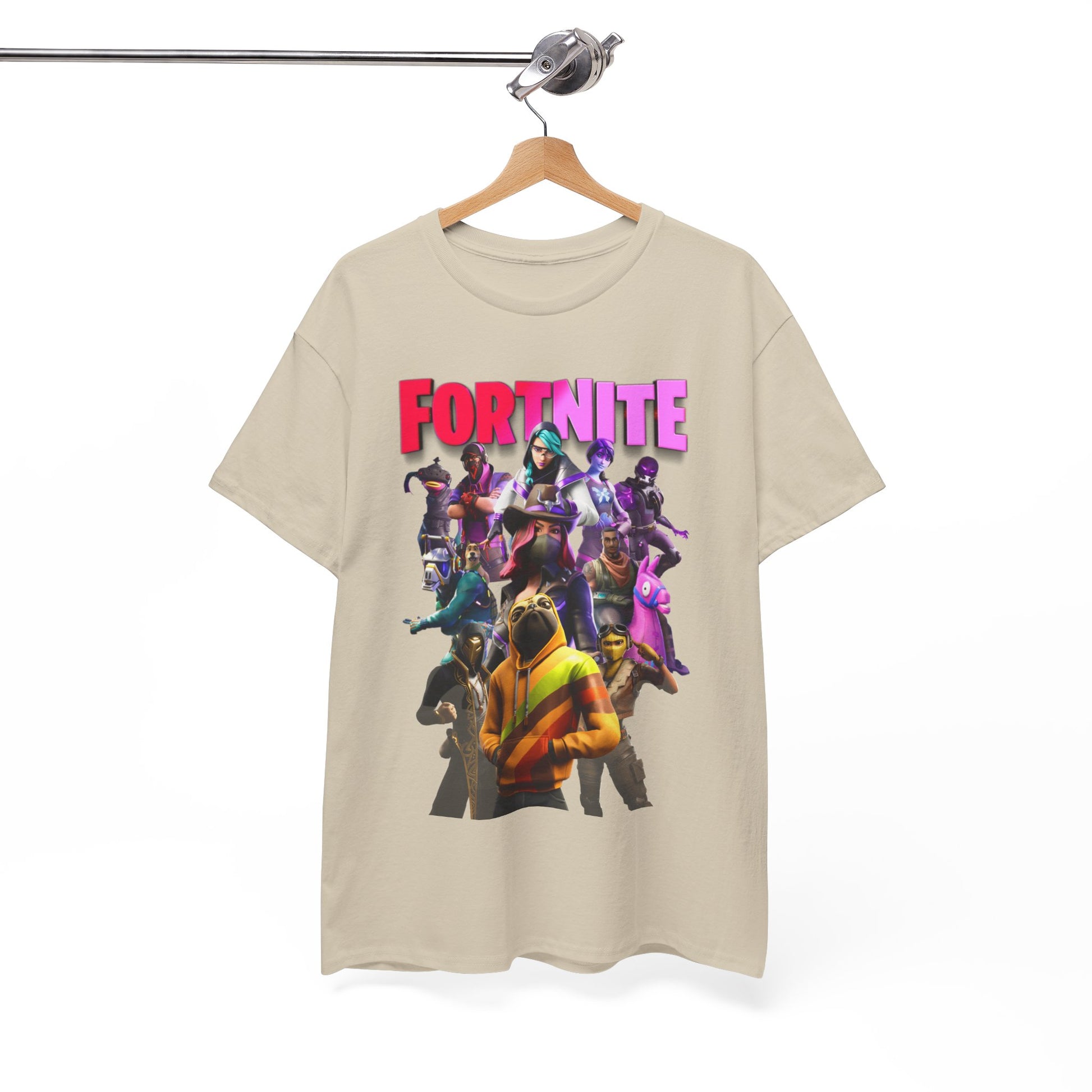 Elegant display of a Fortnite-themed T-Shirt on a hanger, showcasing its eye-catching design and premium quality fabric.