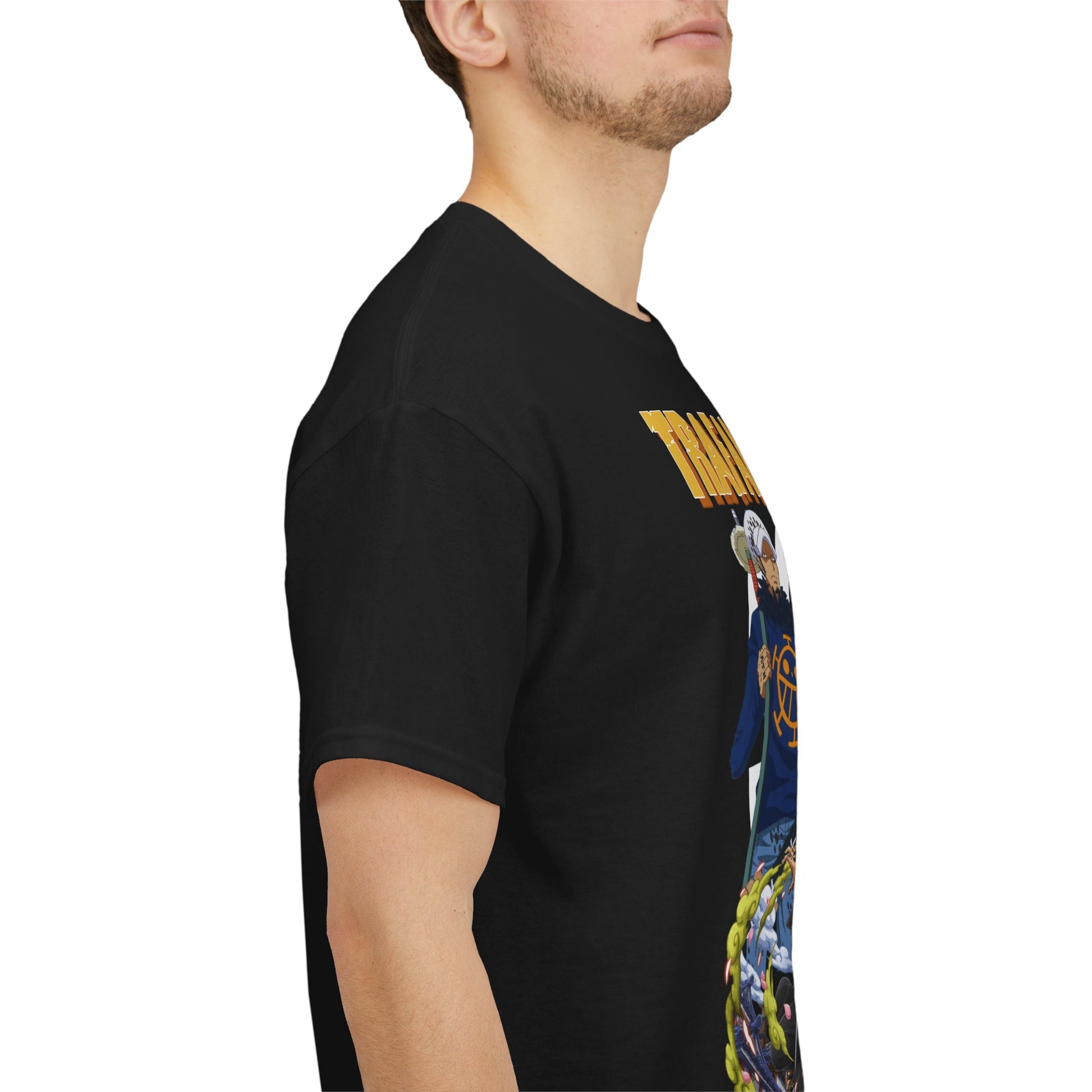Luxurious black tee with a striking design of Trafalgar Law from One Piece, highlighting intricate details and vibrant colours, ideal for adding a unique touch to any wardrobe.