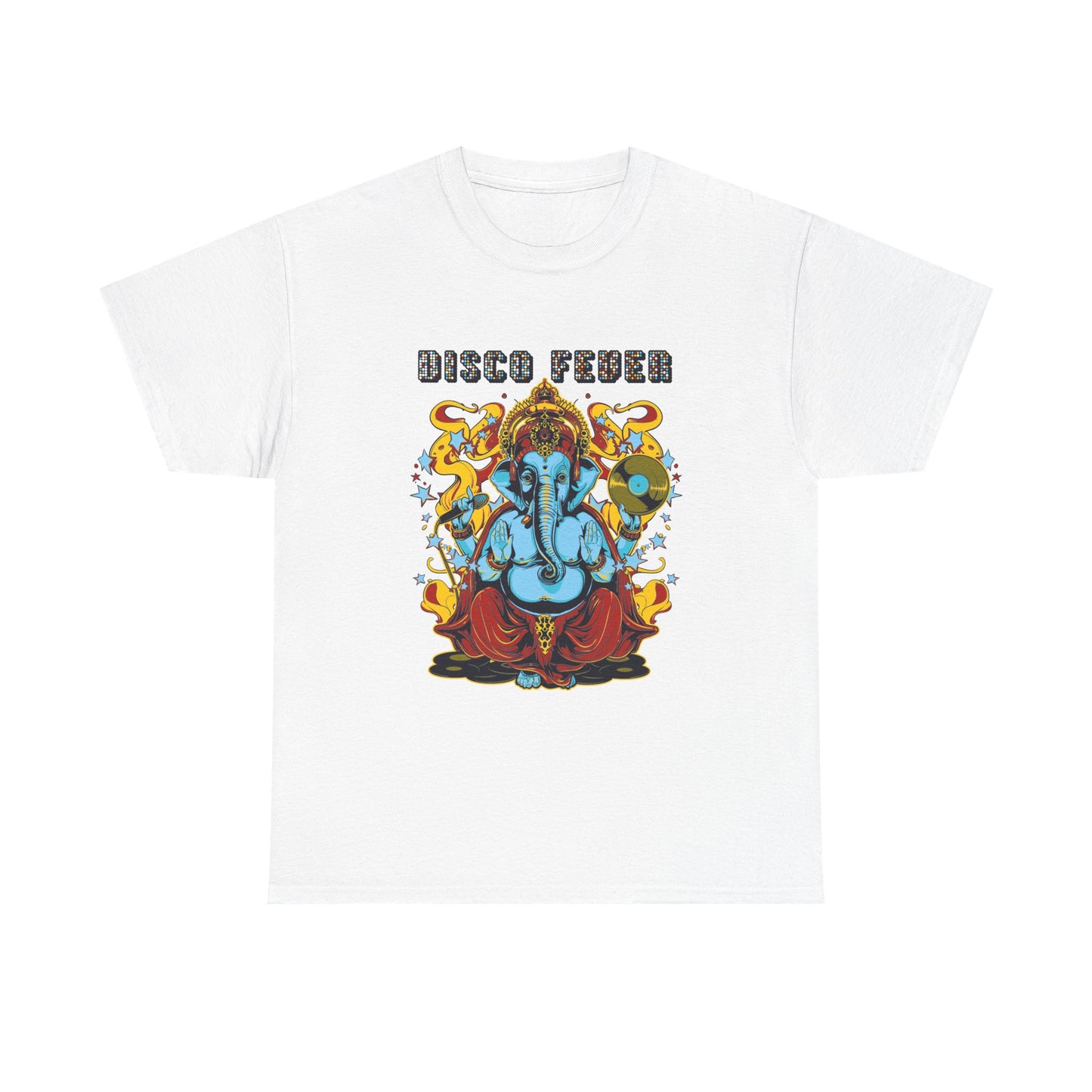 Luxurious men's t-shirt featuring a vibrant graphic design of Lord Ganesha in a disco theme. The t-shirt showcases intricate details with bold colours, including a captivating blue figure adorned in regal attire, surrounded by a dynamic backdrop of swirling flames and sparkling stars, alongside the words 'DISCO FEVER' in an eye-catching font.