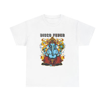 Luxurious men's t-shirt featuring a vibrant graphic design of Lord Ganesha in a disco theme. The t-shirt showcases intricate details with bold colours, including a captivating blue figure adorned in regal attire, surrounded by a dynamic backdrop of swirling flames and sparkling stars, alongside the words 'DISCO FEVER' in an eye-catching font.