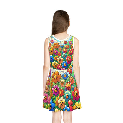 Back view of the Sophie Buttonwood Girls AOP Pencil Dress, embellished with vibrant cartoon floral designs and joyful flower motifs, ideal for stylish summer occasions.