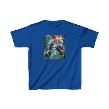 Kids Dinosaur Heavy Cotton Tee featuring vibrant design with dinosaurs and a volcano, ideal for adventurous young ones.