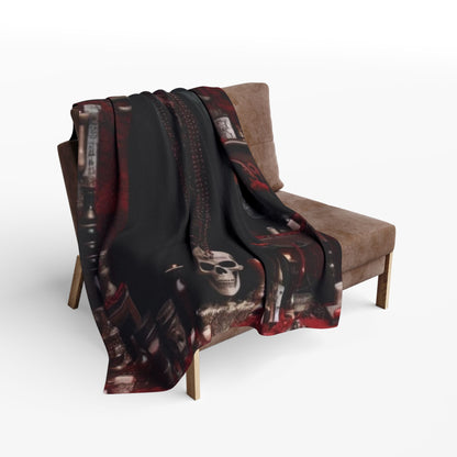 Decorative and Warm Halloween Spooky Arctic Fleece Blanket draped over a stylish chair, featuring a striking Halloween-themed print, perfect for seasonal comfort.