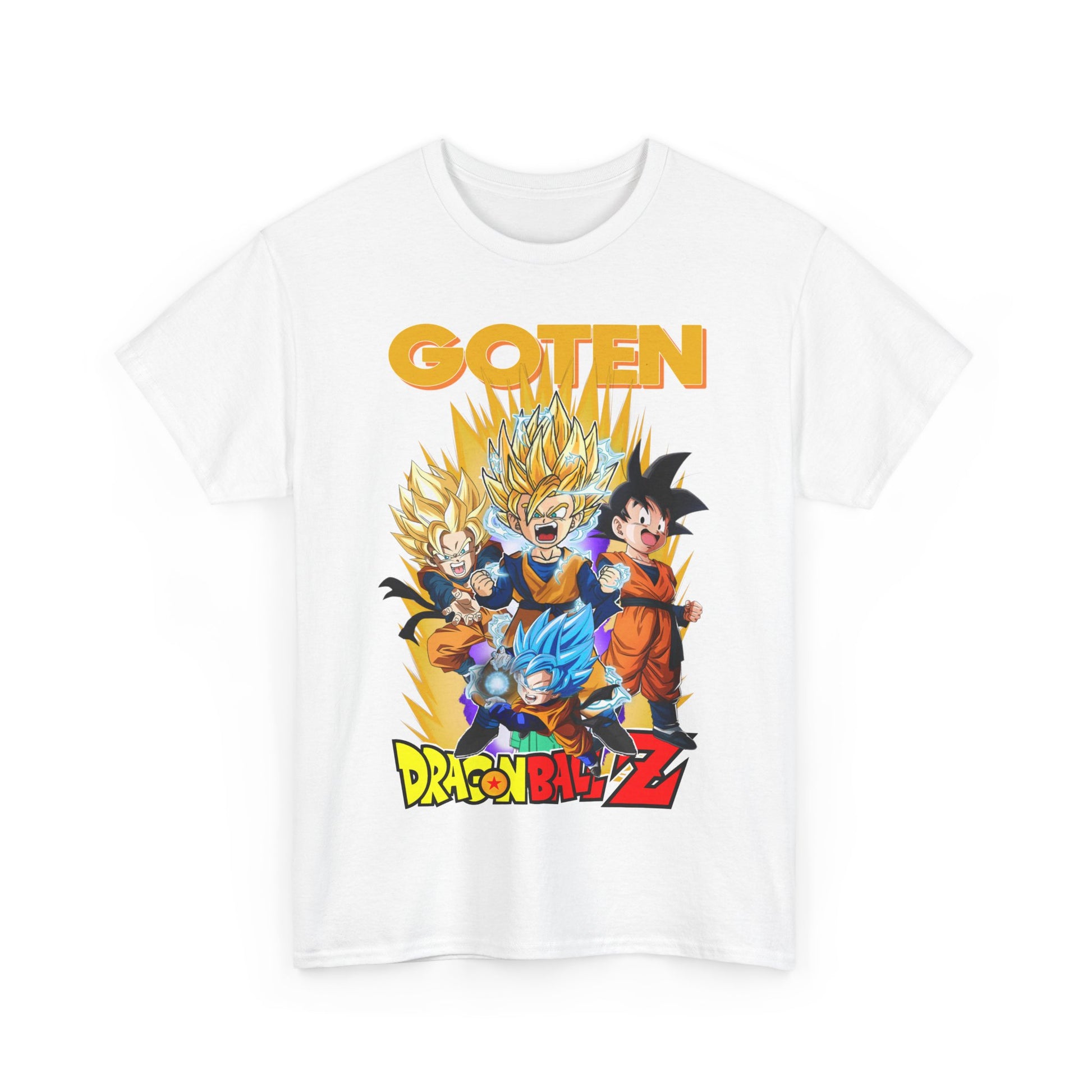 Luxurious white Dragon Ball Z T-shirt featuring an eye-catching GOTEN graphic design, combining nostalgic anime elements with contemporary fashion flair.