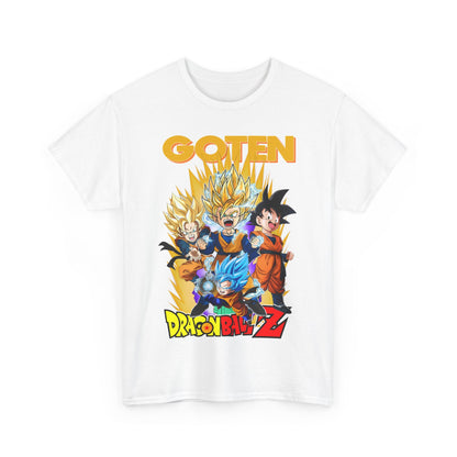Luxurious white Dragon Ball Z T-shirt featuring an eye-catching GOTEN graphic design, combining nostalgic anime elements with contemporary fashion flair.