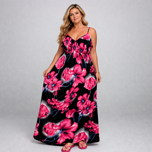 STRAPPY BOLD FLOWER MAXI DRESS WITH V FRILLED TOP