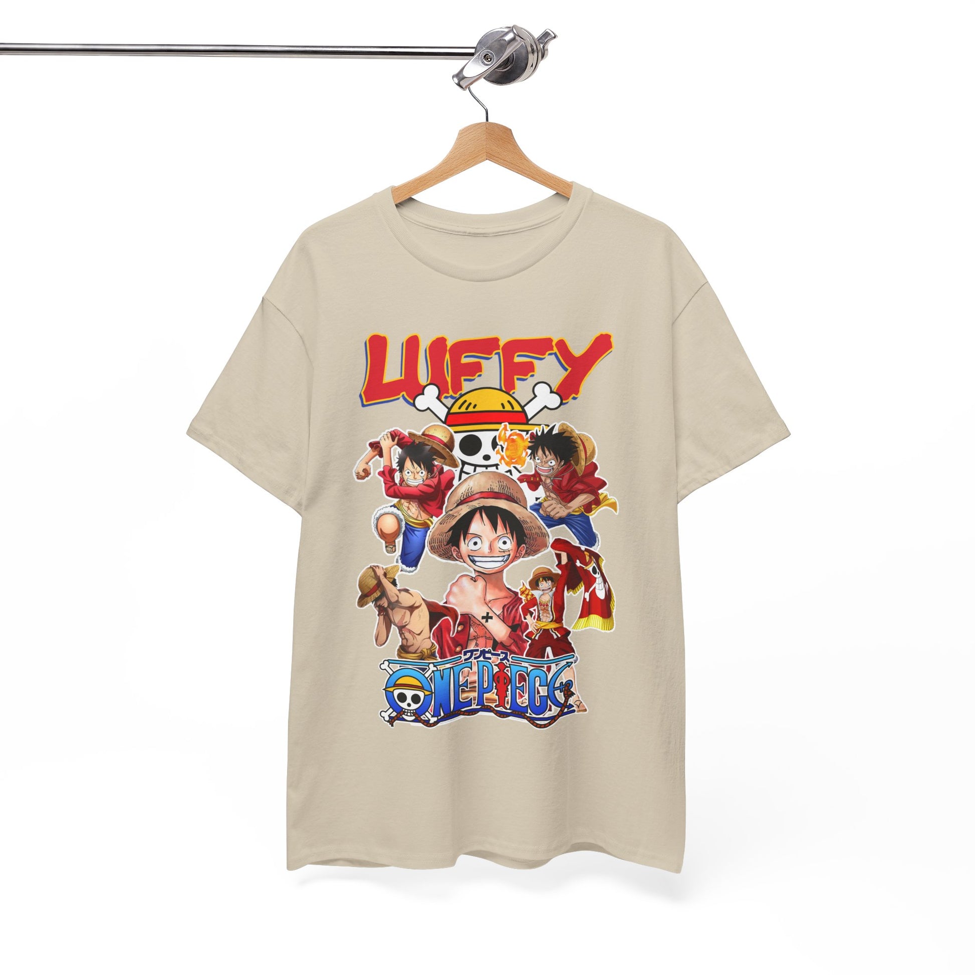 Sophisticated layout of a 'One Piece' T-shirt, emphasising the bold and lively illustrations of Luffy and friends, designed for the discerning anime fan.