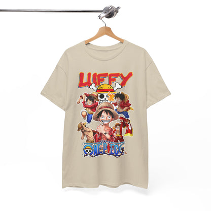 Sophisticated layout of a 'One Piece' T-shirt, emphasising the bold and lively illustrations of Luffy and friends, designed for the discerning anime fan.