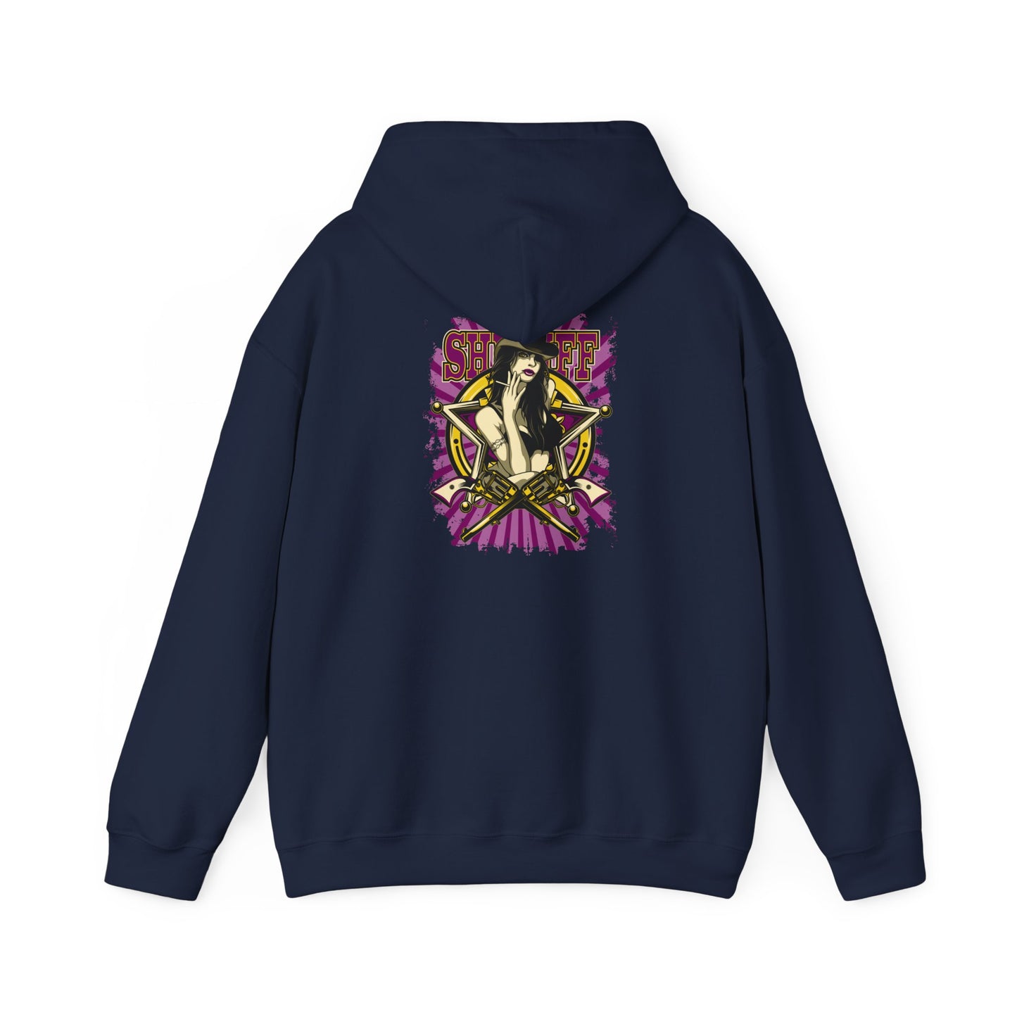Elegant navy hoodie displaying a captivating sheriff-inspired graphic, blending strength and allure in a bold, artistic presentation.