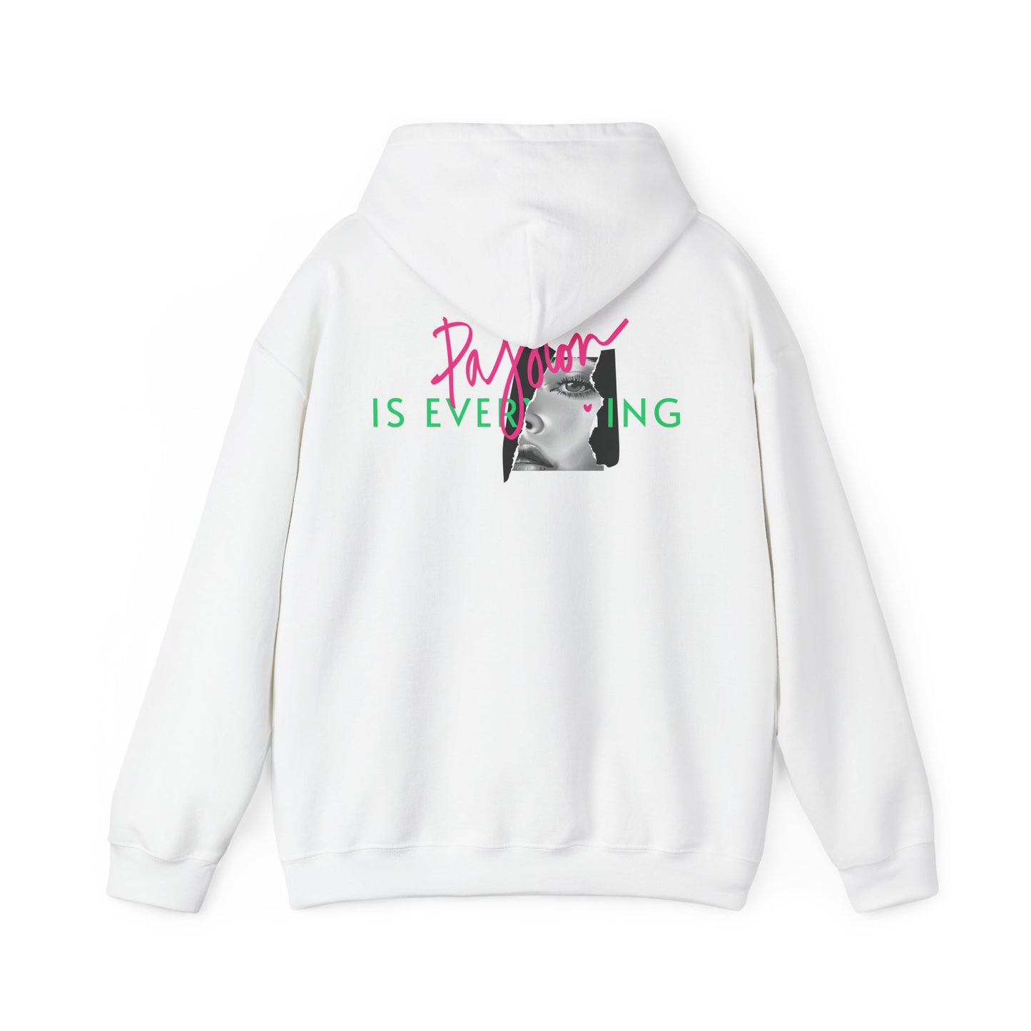 Luxurious white hoodie featuring a bold graphic design on the back that reads 'Passion IS EVERYTHING,' adorned with a striking black and white portrait. Perfect for making a stylish statement.
