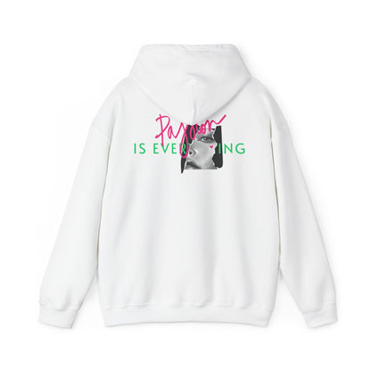 Luxurious white hoodie featuring a bold graphic design on the back that reads 'Passion IS EVERYTHING,' adorned with a striking black and white portrait. Perfect for making a stylish statement.