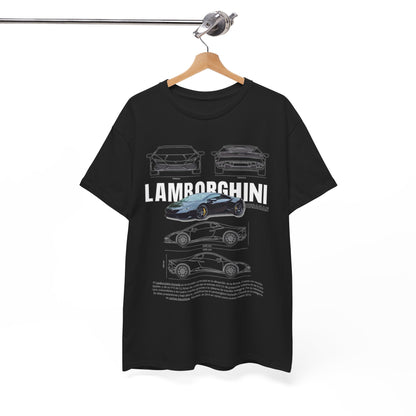 Stylish unisex T-shirt design featuring a Lamborghini Huracán technical drawing; showcasing the iconic sports car's detailed silhouette and specifications, presented in a luxurious black fabric.