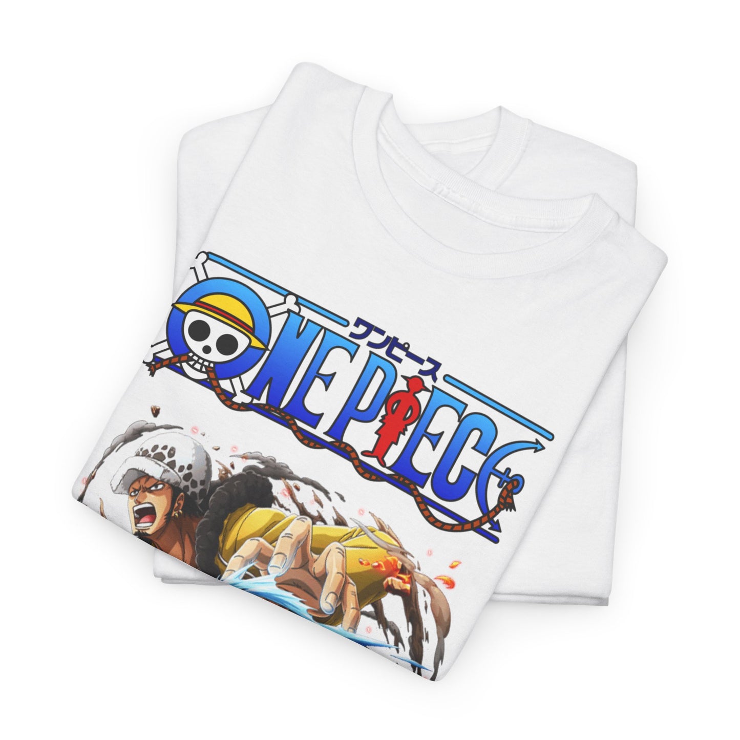 Stylish folded white t-shirts featuring an exclusive Trafalgar Law design, perfect for anime enthusiasts and collectors.