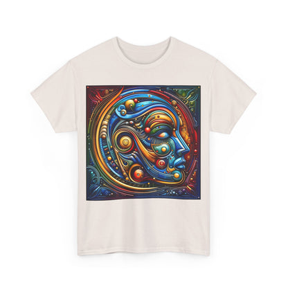 Front view of the exquisite Stained Glass Dreams Unisex T-Shirt, adorned with a vibrant, artistic design featuring intricate abstract patterns and vivid colours.