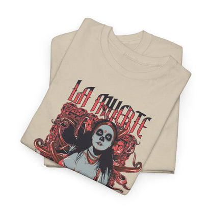 La Muerte graphic t-shirt, showcasing a front view of the design folded elegantly, highlighting intricate artwork.