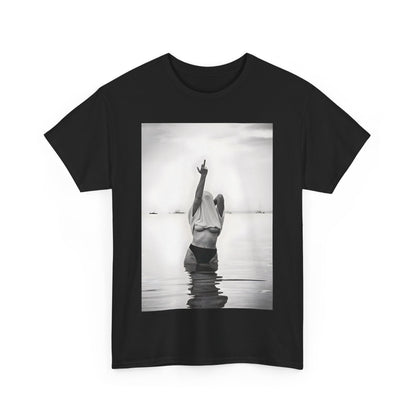 Middle Finger Girl Graphic T-Shirt in classic black, displaying a captivating black and white image of a woman with her arm raised, embodying a sense of empowerment and style in a luxurious unisex fit.