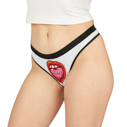 Stylish women's thong worn by a model, showcasing a bold graphic of a mouth with the words 'I LOVE YOU', embodying a mix of humour and allure, ideal for intimate gifting.