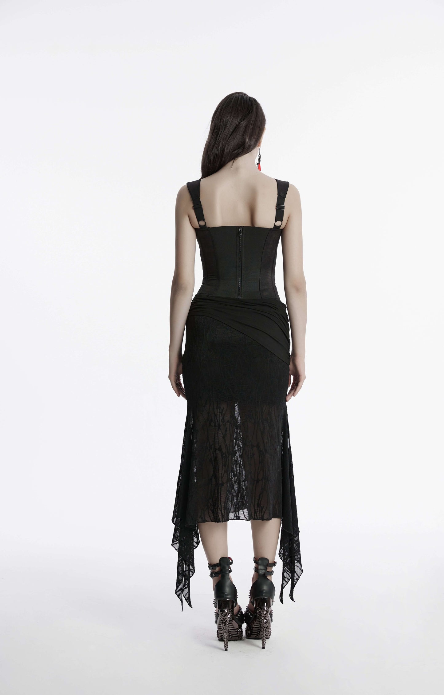 Punk Rave Arti Fishtail Skirt displayed on a hanger, showcasing its striking black colour and high-fashion design.