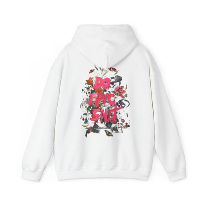 Luxurious white hoodie featuring a striking back print with the phrase 'DO EPIC SH*T' in vibrant pink surrounded by intricate floral designs, exuding artistic flair and inspiration.