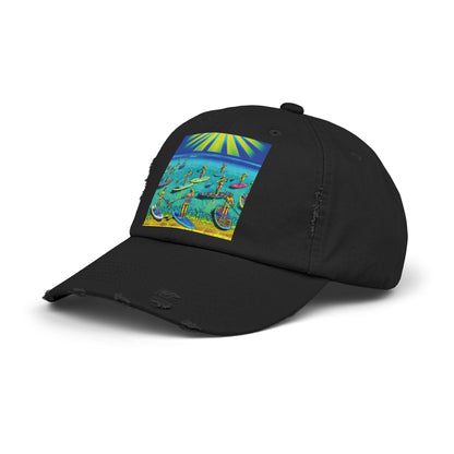 Luxurious Unisex Distressed Paddleboarders Cap displaying a colourful paddleboarding graphic, ideal for fashionable summer outings and sun protection.