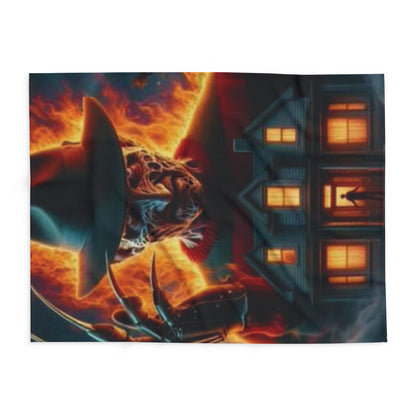 Artistic display of a Halloween-themed Arctic fleece blanket featuring haunting visuals, created to enhance your seasonal decor, part of the Decorative and Warm Halloween Freddy Kruegar collection.